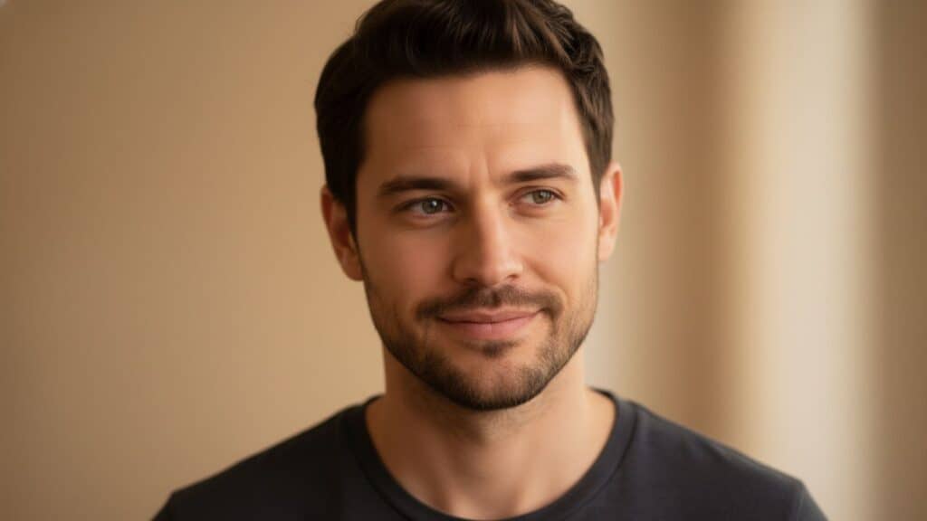 A man with a subtle smirk demonstrating amused mastery in the face of a shit test