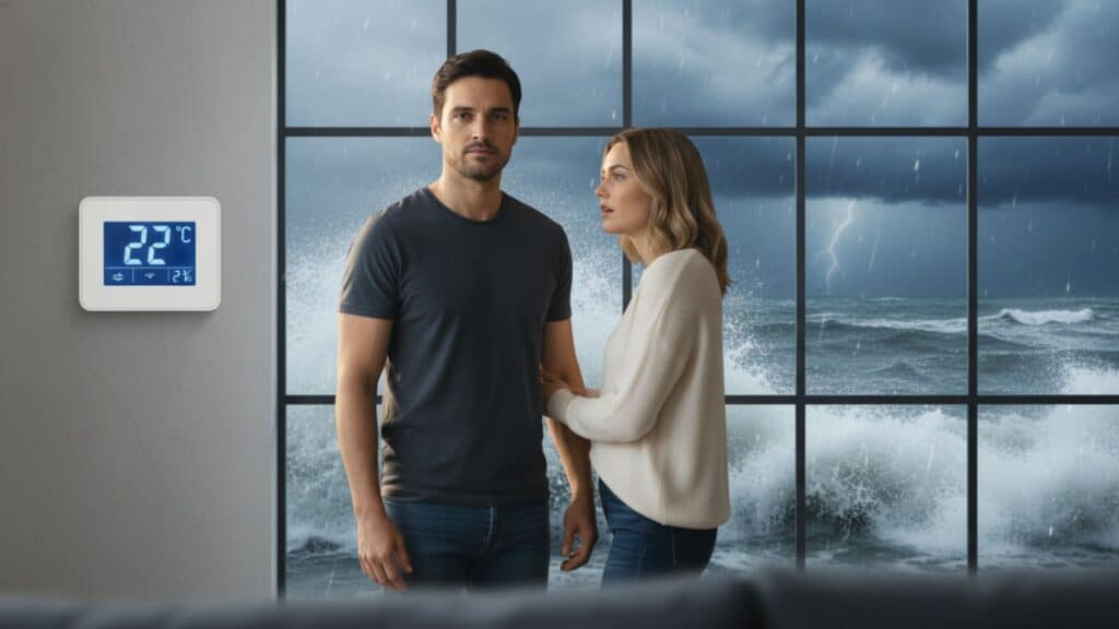 A lighthouse standing firm in a storm, representing the concept of being the thermostat in a relationship