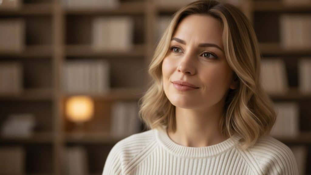 A woman with an intelligent expression, representing the power of complimenting her mind.