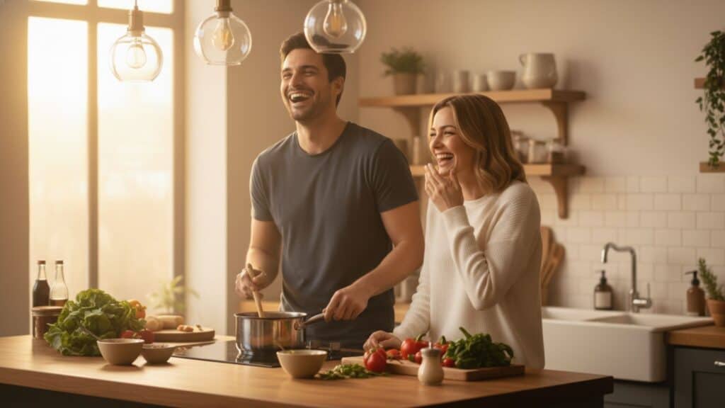 A couple cooking together, building a bond through a shared experience and psychological familiarity