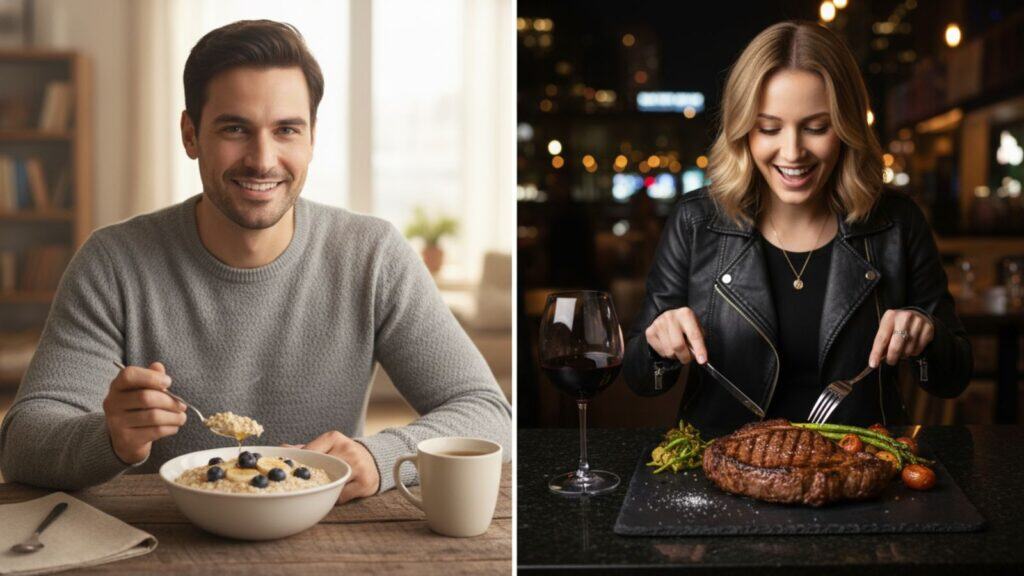 A visual comparison of oatmeal and steak, representing the difference between serotonin safety and dopamine desire.