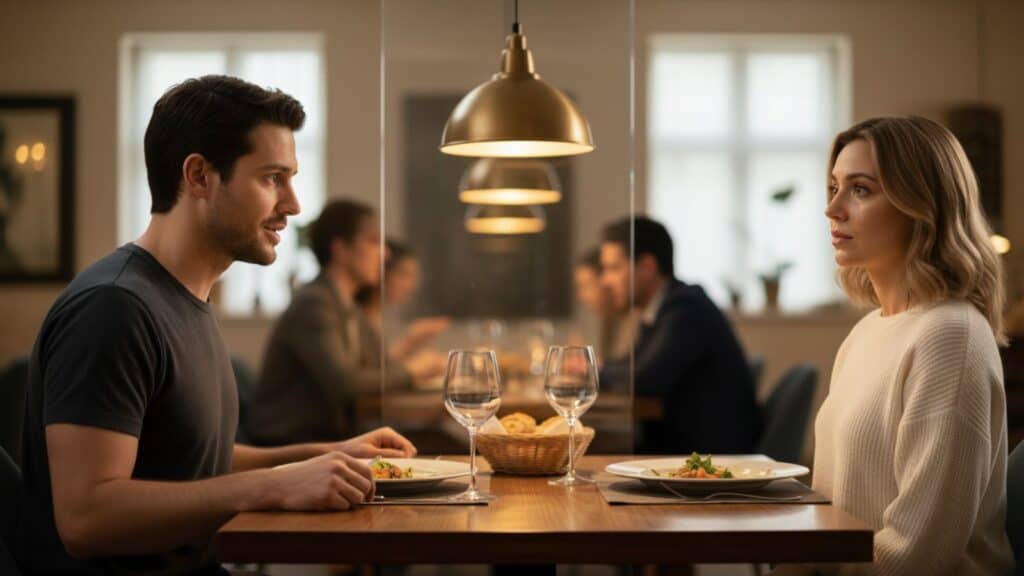A woman showing emotional absence, a 'glass wall' sign in a relationship, while her partner tries to talk to her