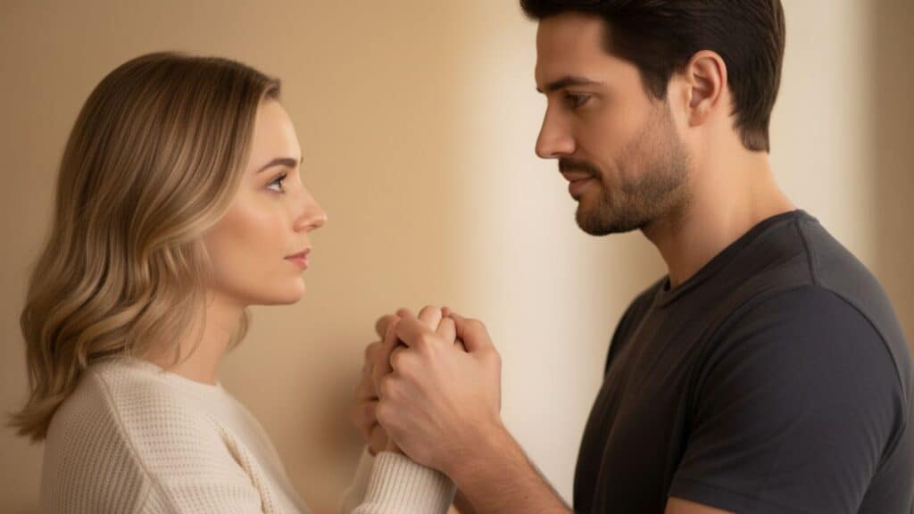 A strong, good man holding a woman's hands, demonstrating the difference between a 'good man' and a 'nice guy'