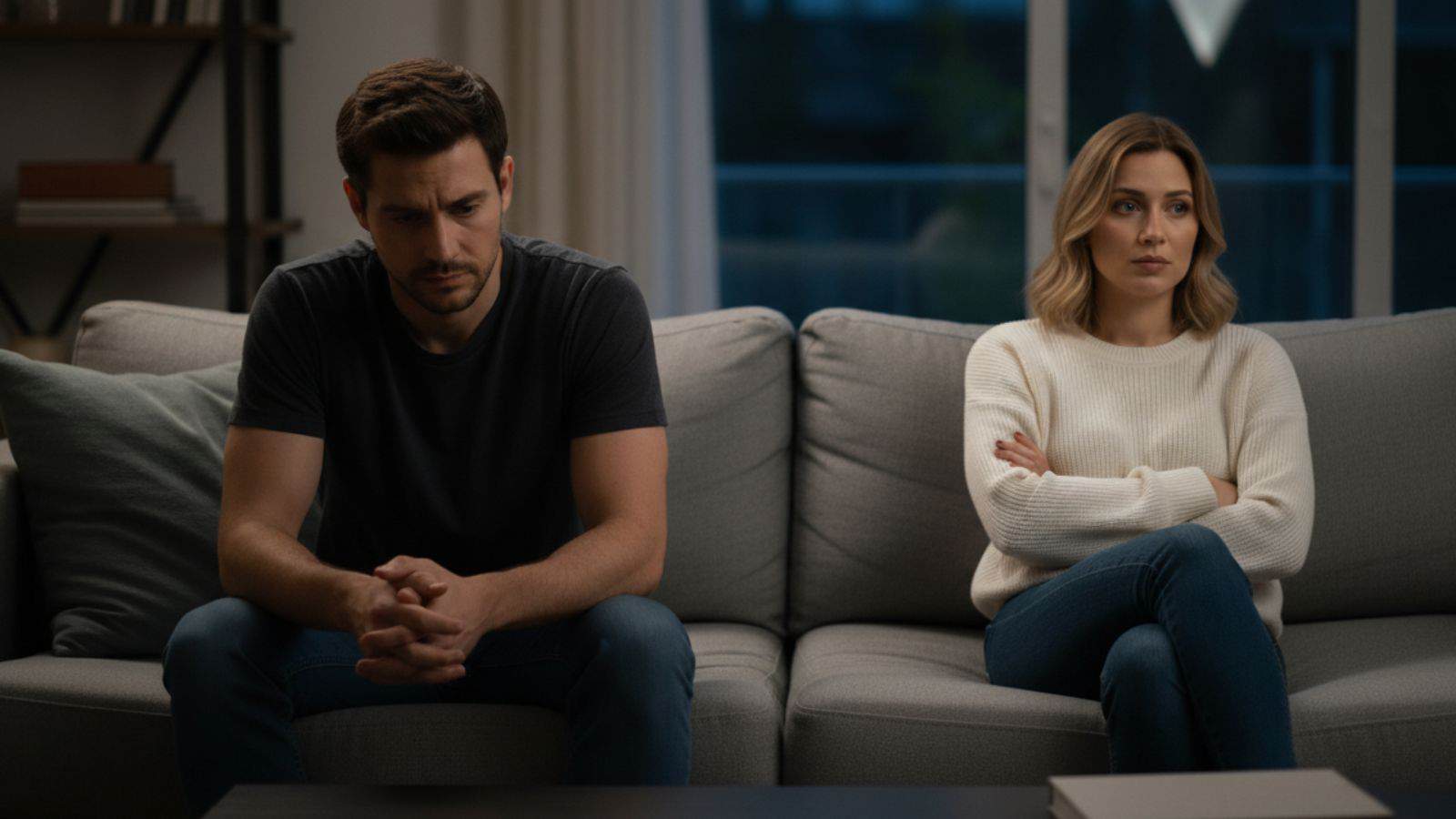 A couple illustrating one of the innocent lies women tell men during a moment of miscommunication on a sofa