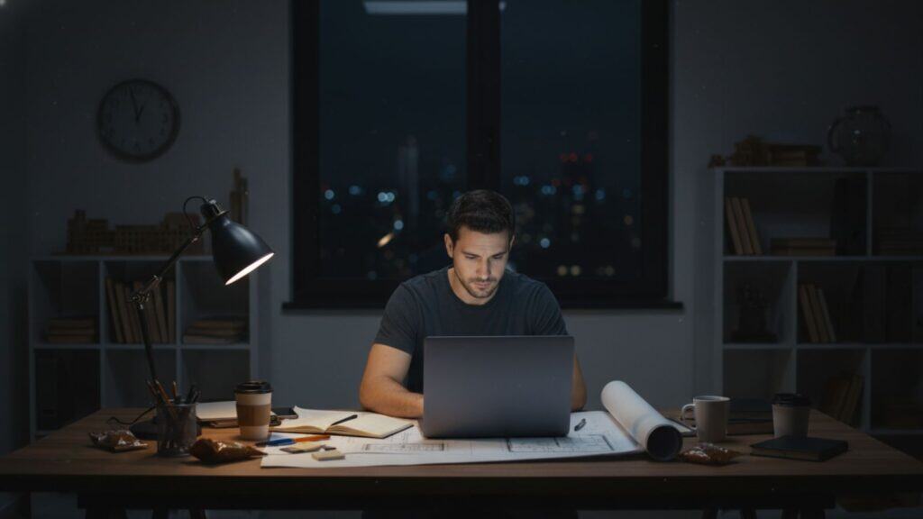 A man working silently on his goals, illustrating the power of moving in silence