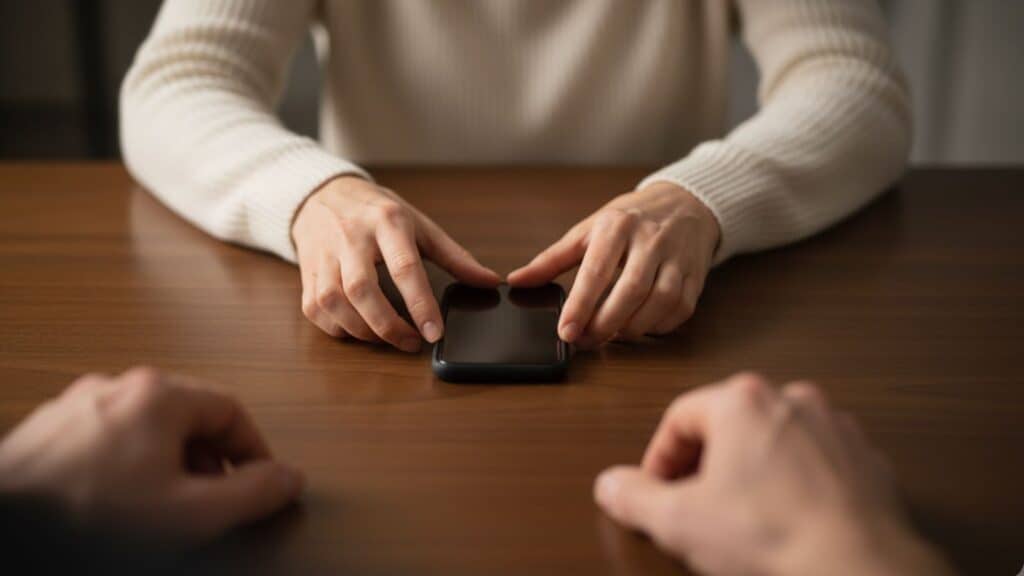 A woman nervously placing her phone face-down, a sign of phone anxiety in a relationship