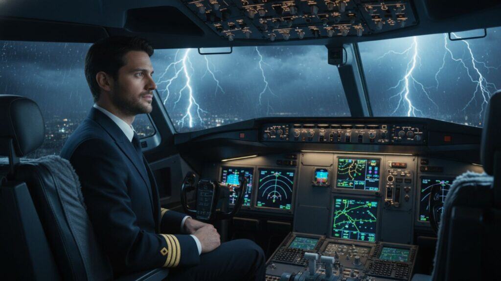 A calm pilot flying through a storm, symbolizing the need for men to hide panic and show leadership