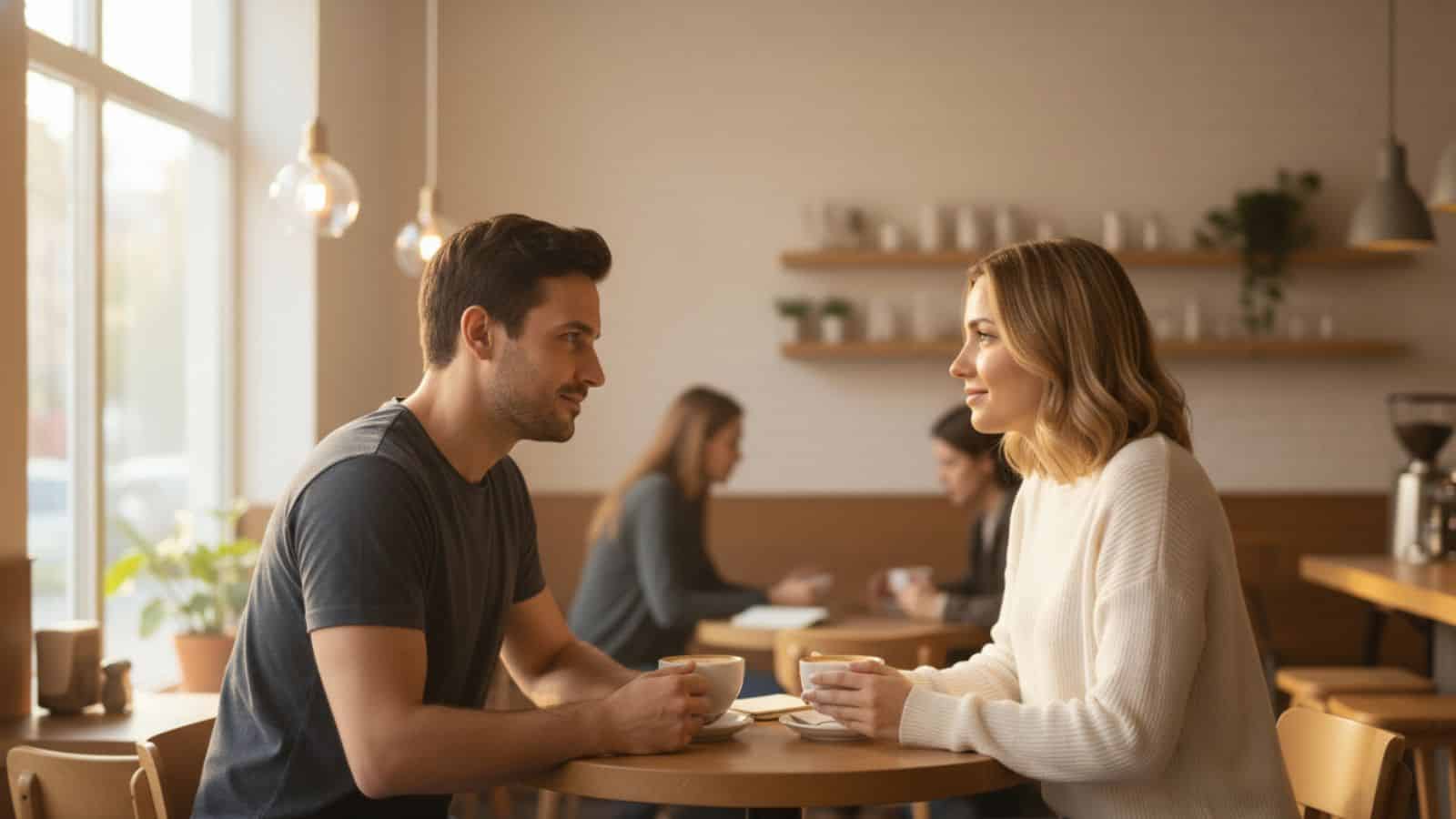 A man giving deep psychological compliments to a woman, who looks genuinely seen and respected.