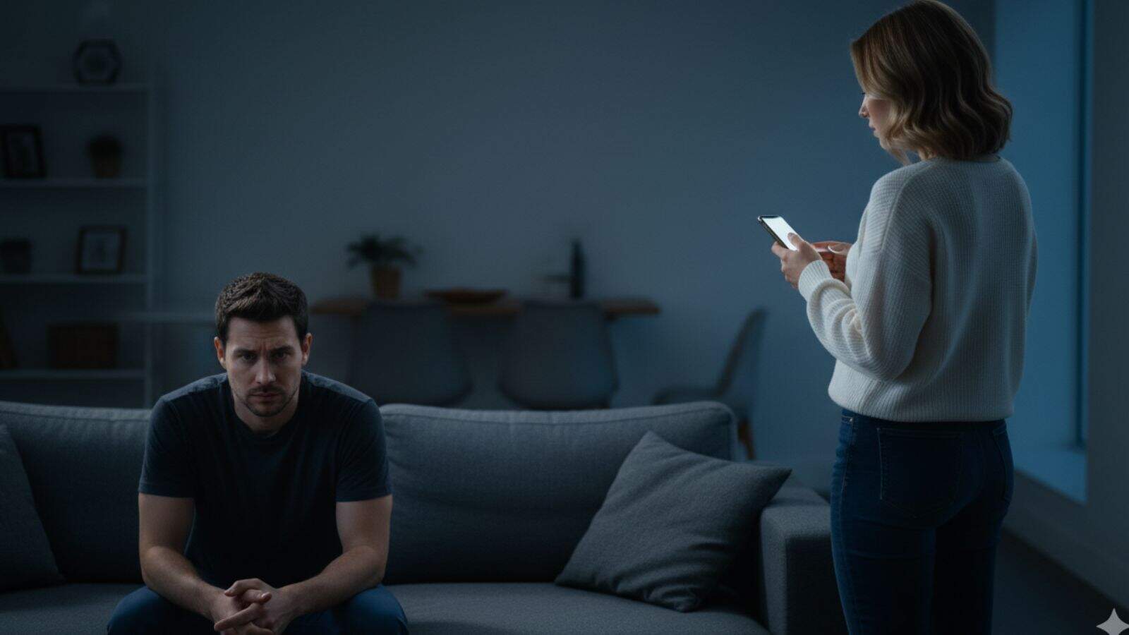 A man looking worried on a couch while his partner secretly texts on her phone, one of the hidden signs she's seeing someone else
