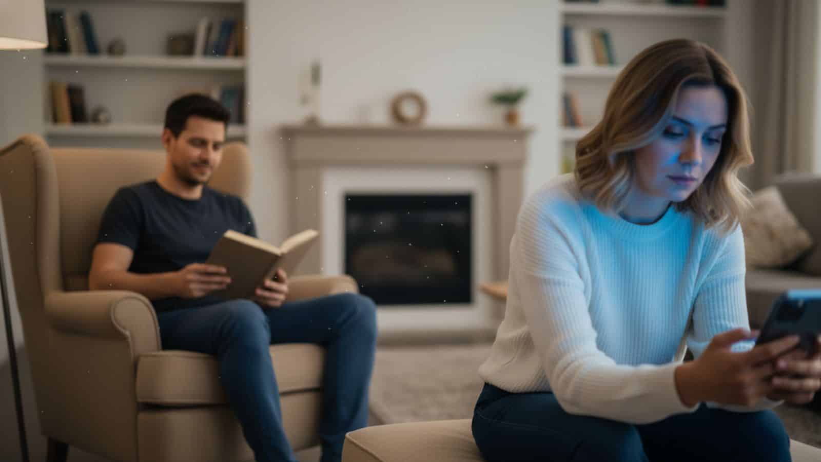A bored woman scrolling on her phone while her reliable husband reads, illustrating the real reason why she is bored.