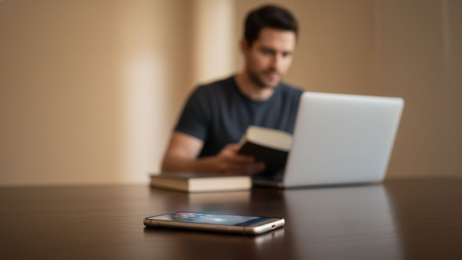 A man focusing on work and ignoring his phone, illustrating why availability kills attraction