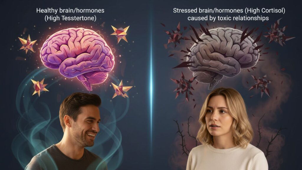 Comparison of a healthy brain versus a stressed brain, showing how toxic women ruin your health.