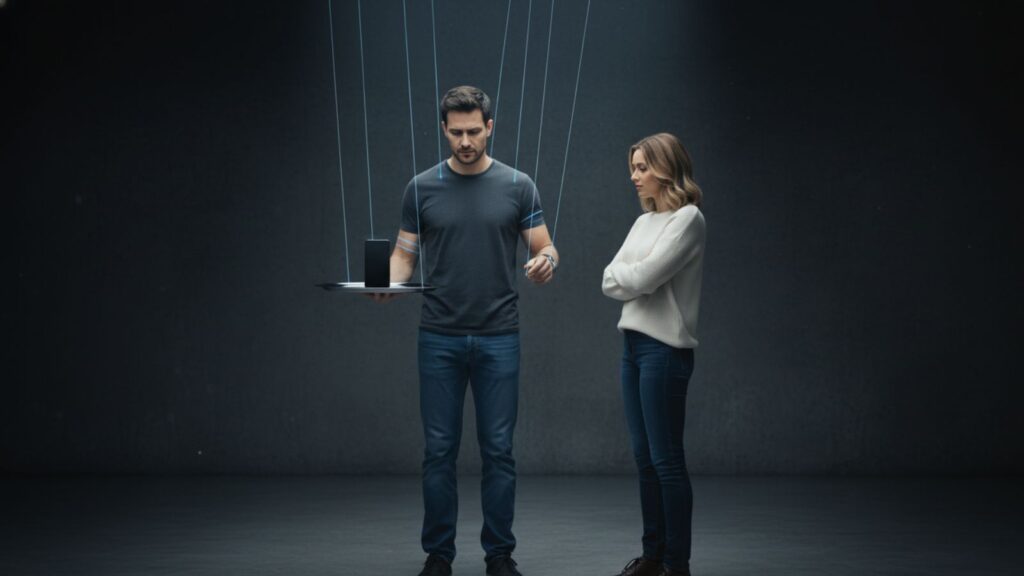 A man acting as a digital butler, waiting for notifications, which kills attraction