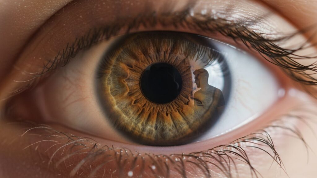 Dilated pupils indicating dopamine release and biological attraction.