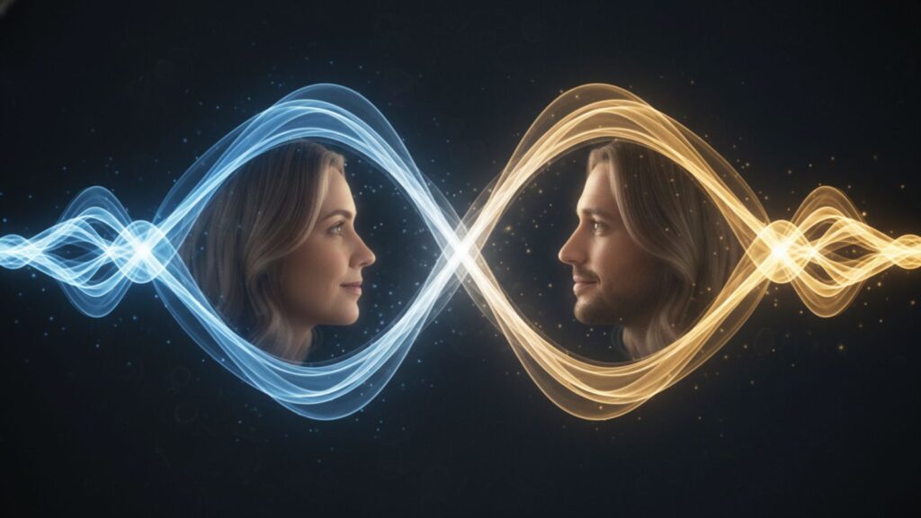 Tuning forks vibrating perfectly, representing emotional resonance in a relationship.