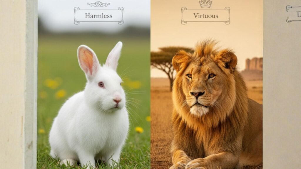 A comparison between a harmless rabbit and a disciplined wolf, illustrating the difference between weakness and virtue.