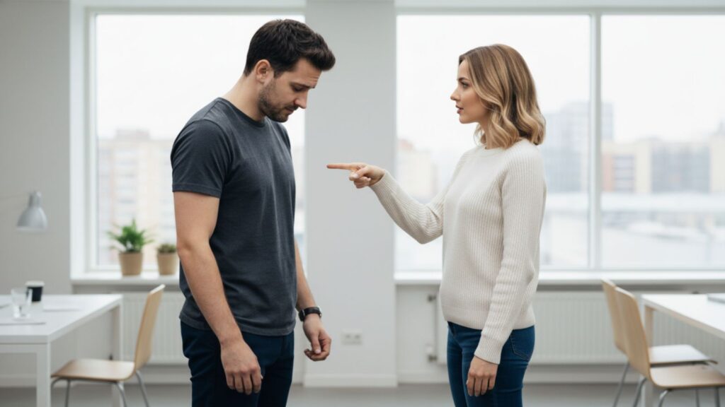 A woman micromanaging her partner like an employee, illustrating the manager mode trap.