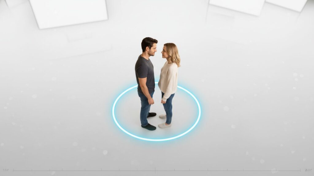 A woman entering a man's personal zone, a key sign of attraction.