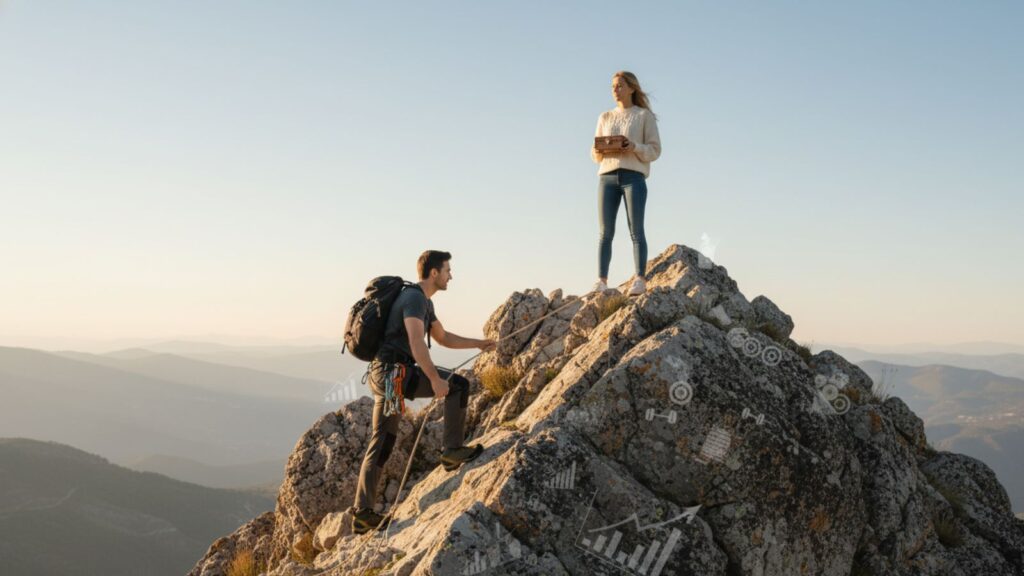 A man climbing a mountain to reach his partner, symbolizing the preparation required before you are meant to be together.