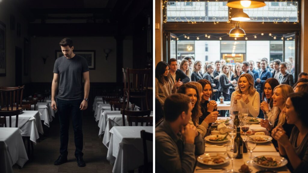 Comparing an empty restaurant to a full one to explain dating social proof.
