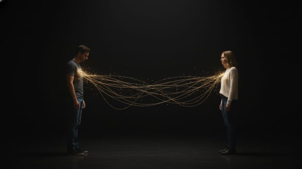 Glowing energy threads connecting two souls in a dream state.