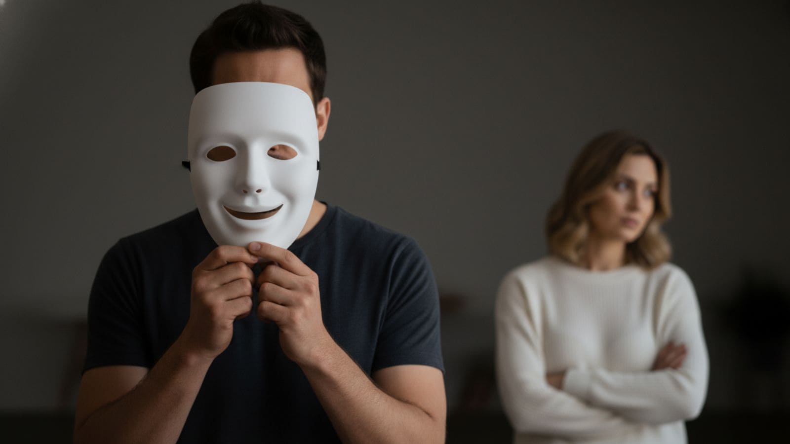 A man wearing a nice guy mask, illustrating exactly why your kindness disgusts her