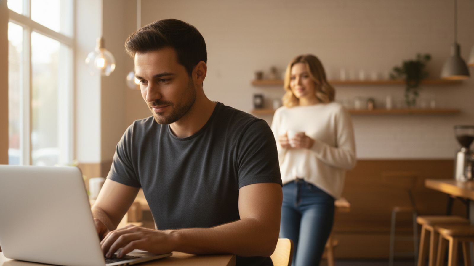 A woman looking at a man with interest, illustrating signs someone has a crush on you.