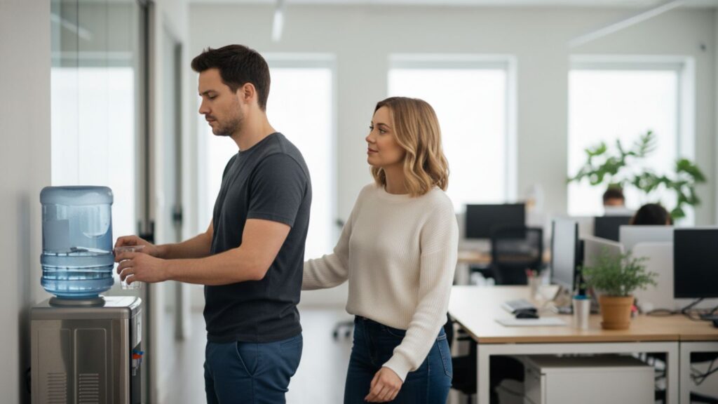 A woman entering a man's personal space, showing the orbit effect.