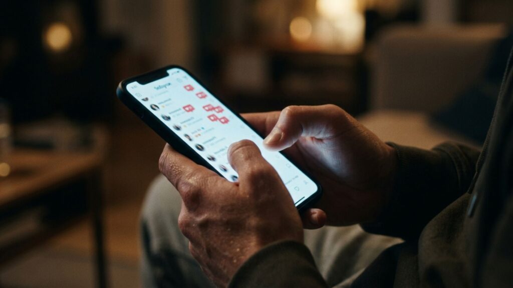 Person repeatedly checking social media notifications for approval