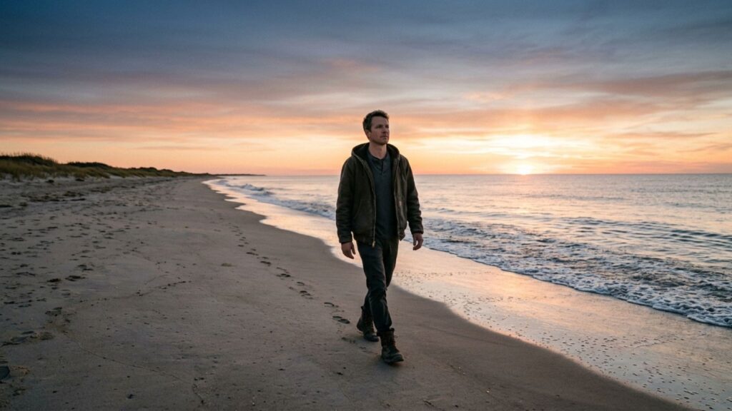 Man walking on a beach while letting go of a painful relationship
