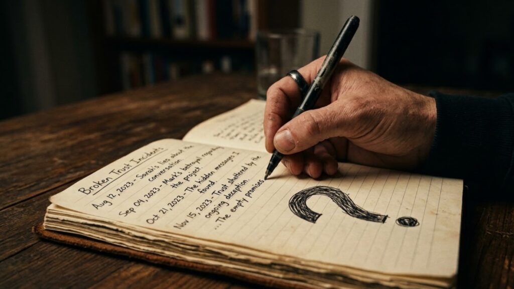 Journal listing incidents of broken trust to distinguish between a single lie and a repeated pattern