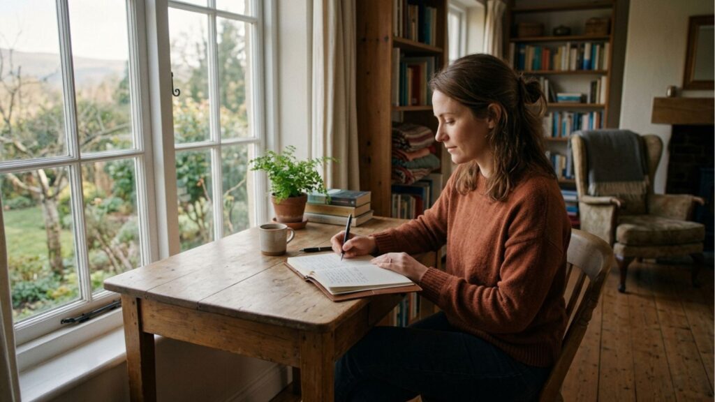 Woman journaling in morning light while practicing self-validation