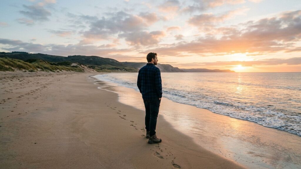Man walking alone on a beach while rebuilding emotional independence