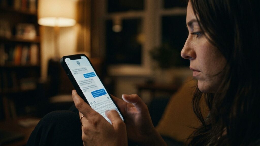 Person reading alternating affectionate and hurtful messages from a former partner