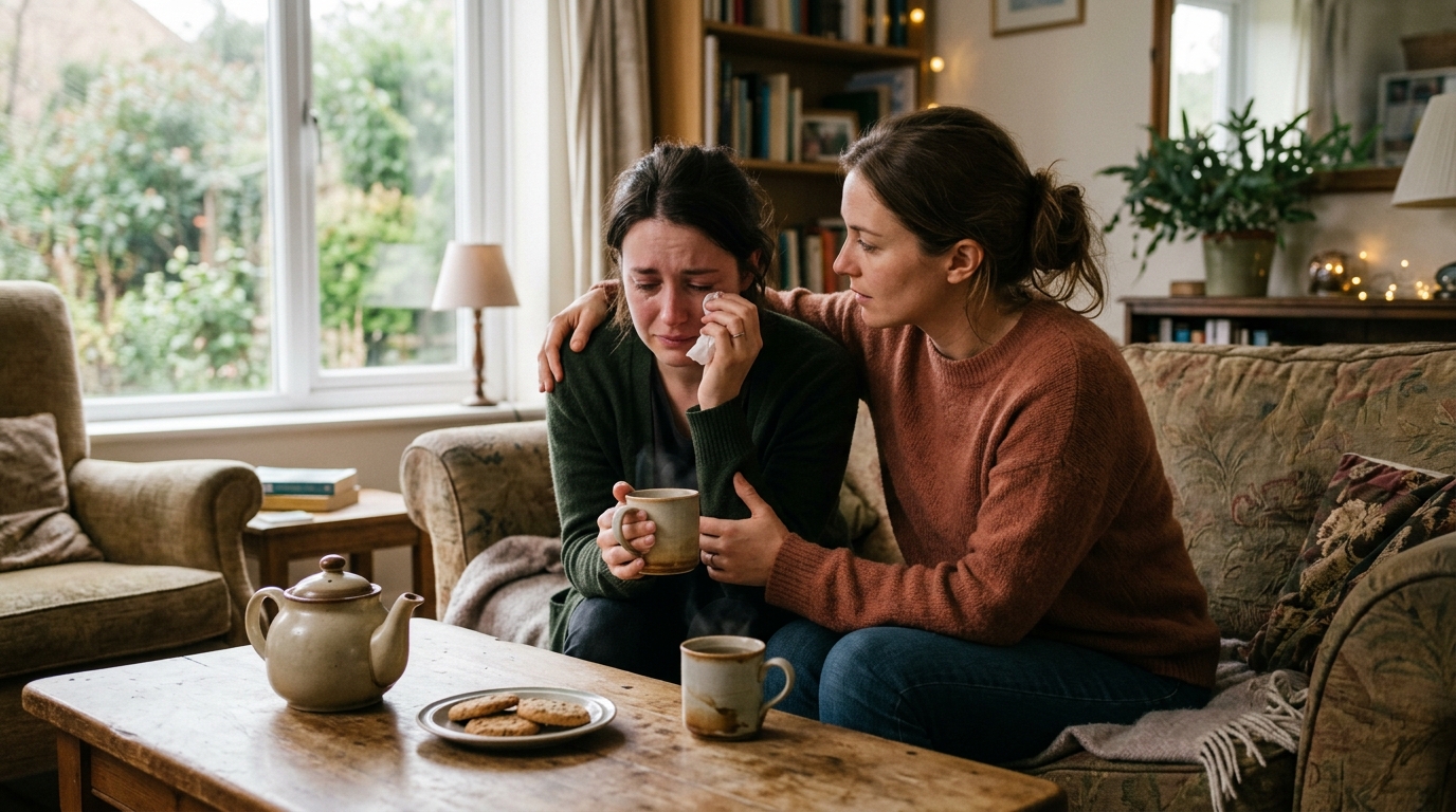 A supportive conversation between two people over tea, emphasizing community and emotional safety