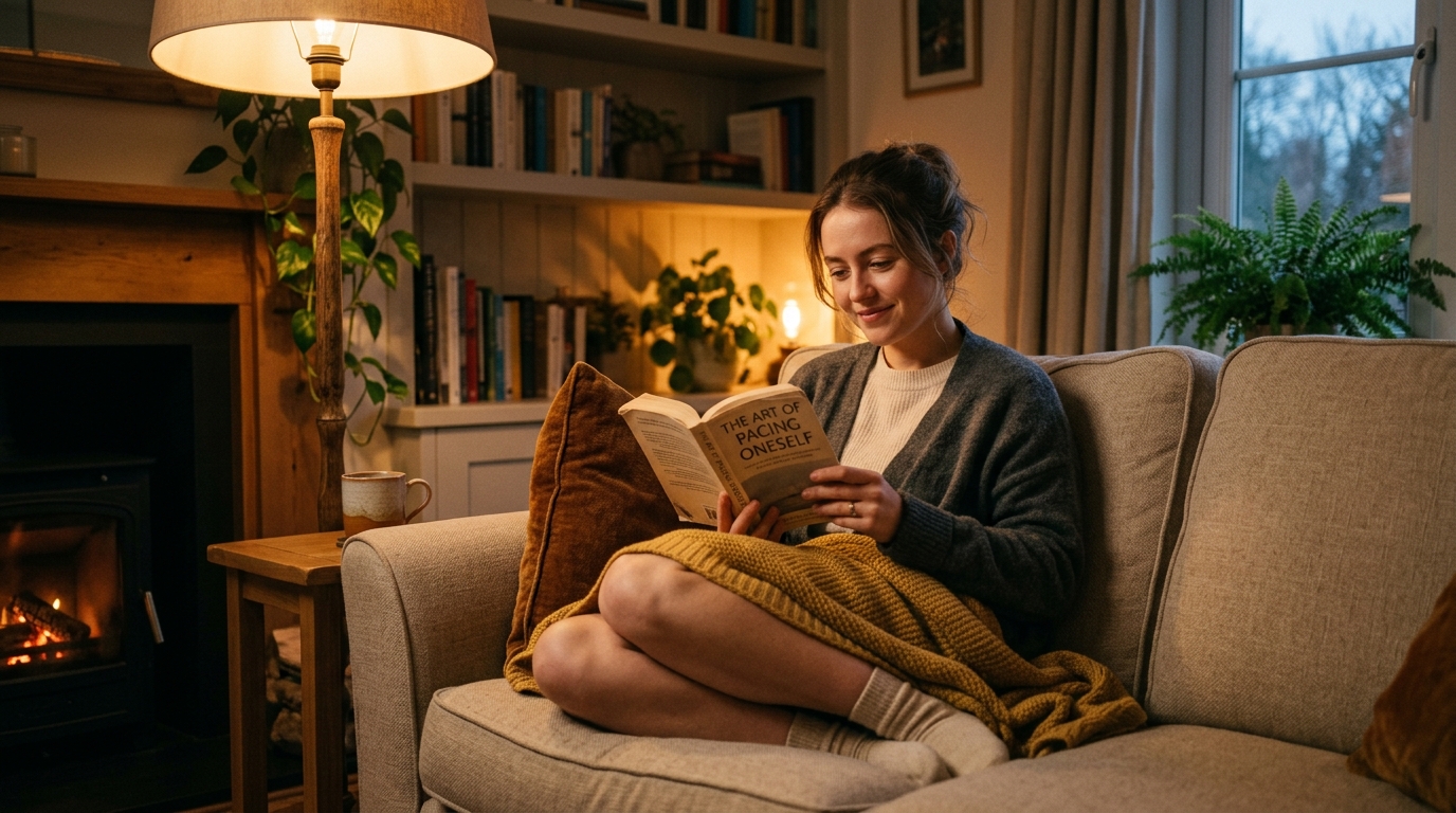 A person peacefully reading a book on a comfortable couch, immersed in their own world