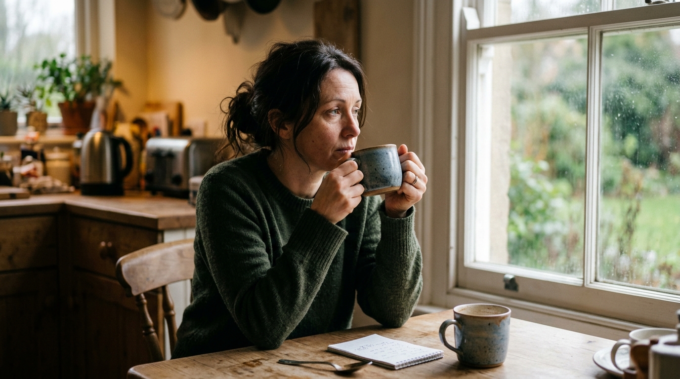 A person sitting at a kitchen table looking reflective, holding a coffee mug
