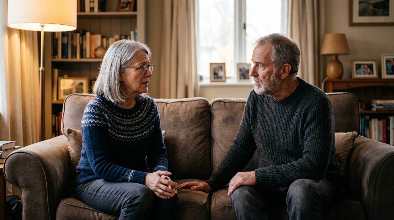 A couple sitting on a couch with a physical space between them, reflecting on a conversation about honesty and transparency