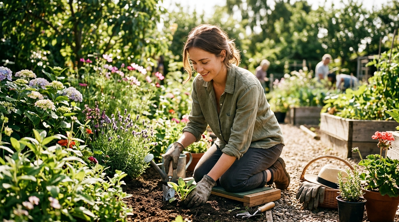 A person actively engaging in gardening, looking focused and at peace