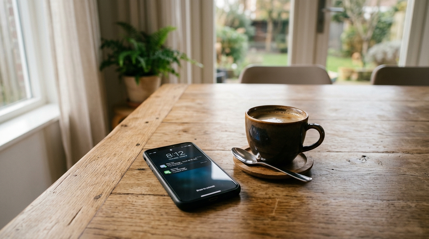A clean wooden table with a phone left face-up next to a cup of coffee, representing openness and unprompted transparency in a relationship