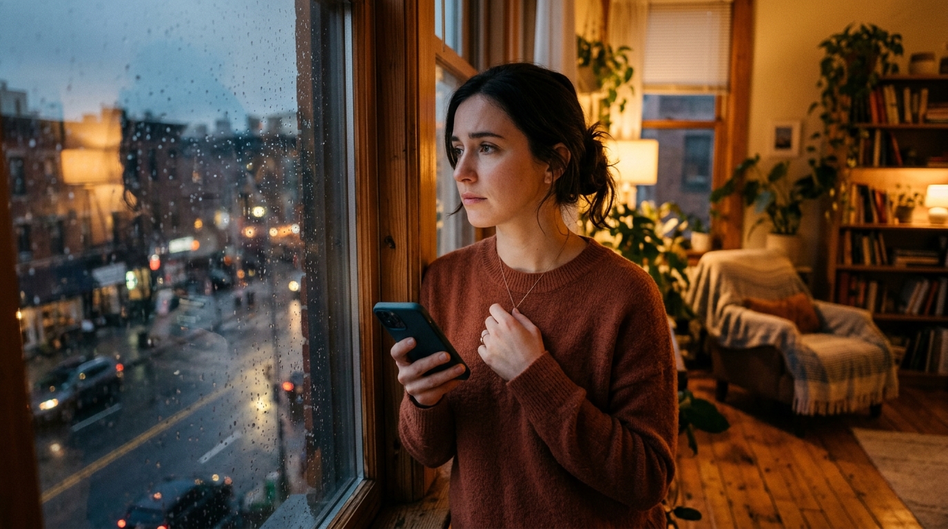 A person looking thoughtfully out a window, holding a phone, imagining a connection